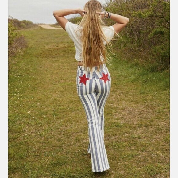 NWT Free People Firecracker Striped Flare Jeans Star Appliqué Patch 27 - Picture 1 of 10
